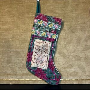 Handcrafted Christmas Stocking Fabric Beads Bells Butterflies KENYA 22”